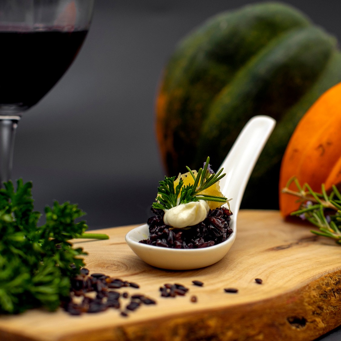 Rosemary Black Pearl Rice with Acorn Squash and Crème Fraîche