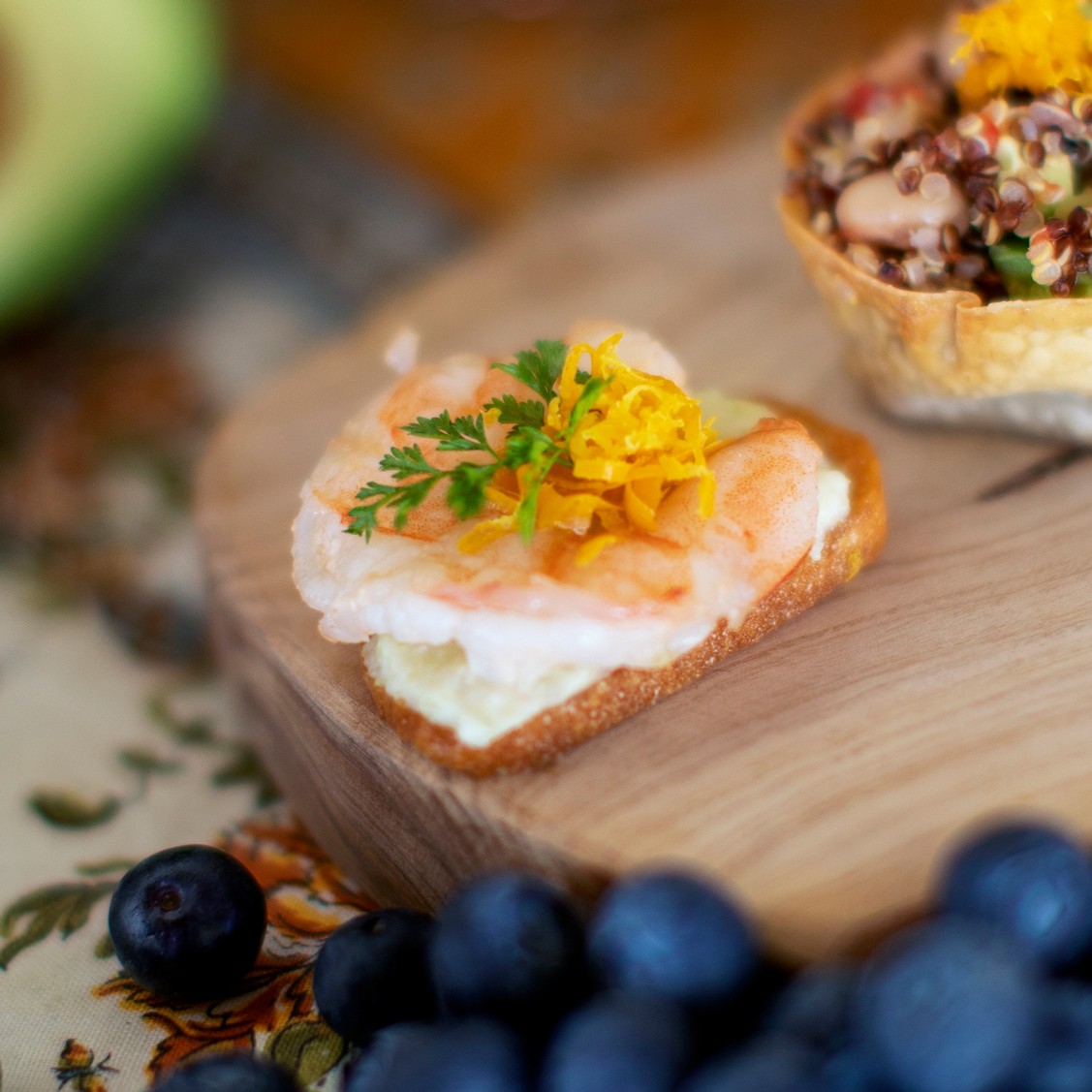 Crostini with Shrimp, Kohlrabi puree & Meyer Lemon Zest