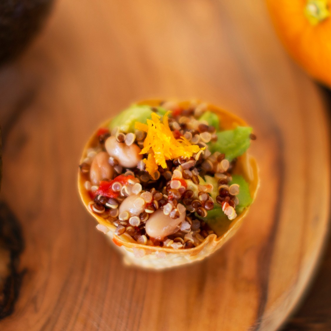 Wonton Cup with Mixed Quinoa Salad & Orange Zest